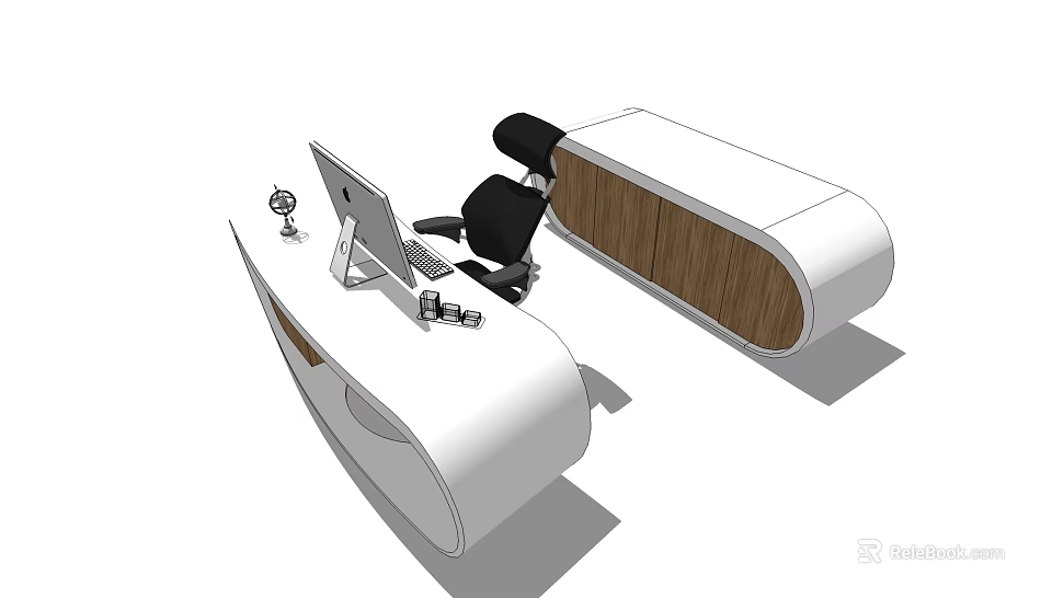 Modern Office Desk With Curved White Wooden Panel Computer Monitor Keyboard Mouse And Black Chair 3d model 