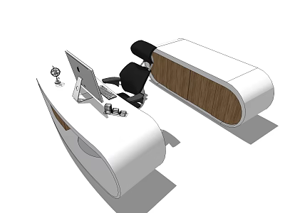 Modern Office Desk With Curved White Wooden Panel Computer Monitor Keyboard Mouse And Black Chair 3d model