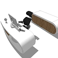 Modern Office Desk With Curved White Wooden Panel Computer Monitor Keyboard Mouse And Black Chair