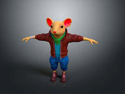 Cartoon Game Character Mouse With Brown Jacket Green Scarf Blue Pants And Arms Outstretched 3d model