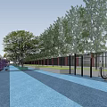 Outdoor Basketball Court with Multiple Hoops Colorful Yellow Blue Surface Surrounded by Trees Fenced Area