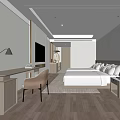 Modern Hotel Room Interior With Large Bed Wooden Flooring Desk Chair And Bedside Artwork