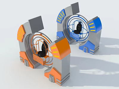 Colorful Modern Amusement Rides With Rotating Seats In Orange Blue Gray Design 3d model