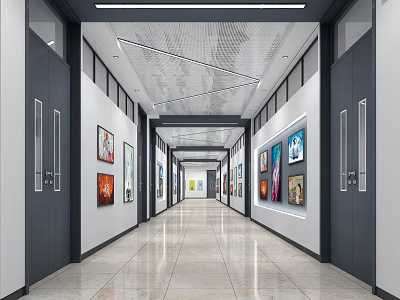 Modern Elevator Hallway With Artworks And Tiled Floor 3d model