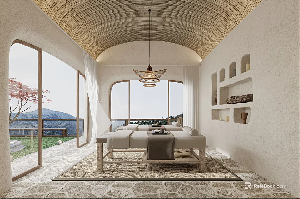 Serene SPA Sauna Retreat With Wooden Ceiling Natural Light And Comfortable Seating 3d model 