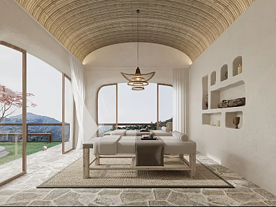 Serene SPA Sauna Retreat With Wooden Ceiling Natural Light And Comfortable Seating 3d model