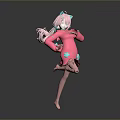 Stylish Woman With Pink Hair And Blue Bows Dancing In Pink Dress On Gray Background
