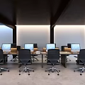 Modern Office Workspace With Multiple Desks Computer Monitors And Black Office Chairs 3d model