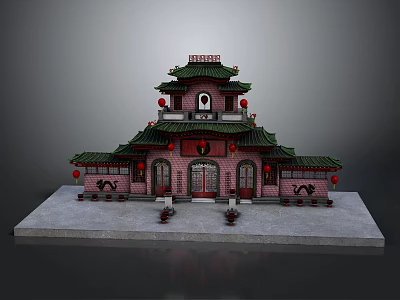 Traditional Chinese Ancient Architecture with Green Roof Red Lanterns Red Pillars and Multi Layered Structure 3d model