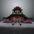 Traditional Chinese Ancient Architecture with Green Roof Red Lanterns Red Pillars and Multi Layered Structure