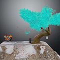 Cartoon Scene With Turquoise Tree Motorcycle On Rocky Platform And Red Fragments