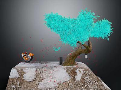 Cartoon Scene With Turquoise Tree Motorcycle On Rocky Platform And Red Fragments 3d model