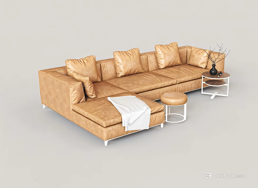 L shaped Light Brown Leisure Sofa Set With Cushions White Throw Blanket Stool Side Table 3d model