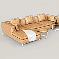 L shaped Light Brown Leisure Sofa Set With Cushions White Throw Blanket Stool Side Table 3d model