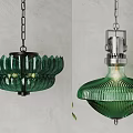 Stylish Green Glass Pendant Lights Featuring Petal Shaped And Ribbed Shades Hanging From Metal Chains