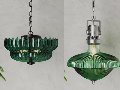 Stylish Green Glass Pendant Lights Featuring Petal Shaped And Ribbed Shades Hanging From Metal Chains 3d model