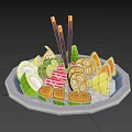 Assorted Food Platter Featuring Sliced Mango Sushi Rolls Boiled Eggs Green Veggies Chopsticks On Ice