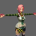 Game Movie Character With Pink Hair Green Striped Top Plaid Skirt And Arms Outstretched
