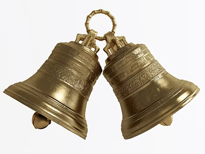 Ornamental Double Golden Bell Pendant With Intricate Carved Patterns And Ring Connector Design 3d model