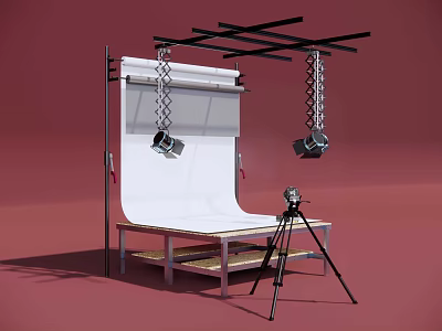 Mobile Digital Product Photography Studio Setup With White Backdrop Hanging Lights And Tripod Camera 3d model