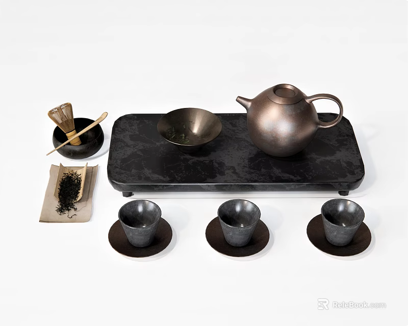 Modern Tea Set With Teapot Teacups Tray And Tea Tools On White Background 3d model