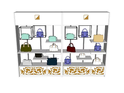 Display Shelves Featuring Various Colored Handbags On Multiple Tiers With Decorative Base 3d model