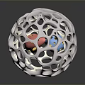 Intricate Hollow Metallic Sphere With Colorful Inner Elements Shiny Surface And Reflective Base