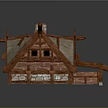 Cartoon Cottage Scene With Stone Walls Thatch Roof Wooden Beams And Green Decorations