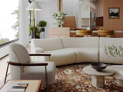 Modern Living and Dining Room with Curved Sofa Armchair Patterned Rug Large Window and Dining Chairs 3d model