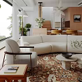 Modern Living and Dining Room with Curved Sofa Armchair Patterned Rug Large Window and Dining Chairs