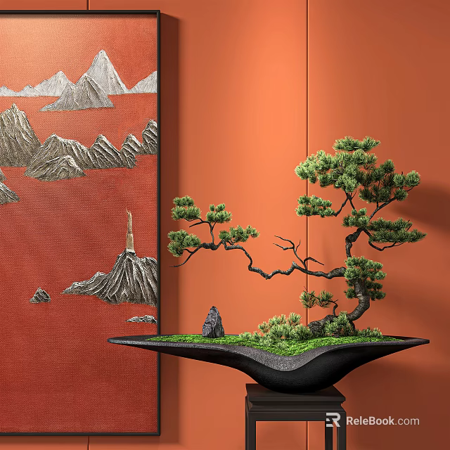 Bonsai Tree Placed On Black Pot With Green Moss Against Red Wall Featuring Mountain Pattern 3d model