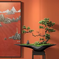 Bonsai Tree Placed On Black Pot With Green Moss Against Red Wall Featuring Mountain Pattern 3d model