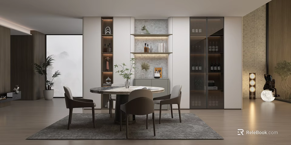 Modern Dining Room Interior With Round Table Chairs Gray Rug Shelves Wine Bottles And Plants 3d model 