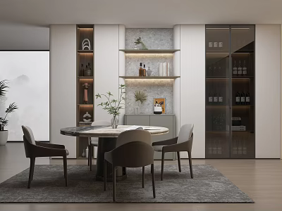 Modern Dining Room Interior With Round Table Chairs Gray Rug Shelves Wine Bottles And Plants 3d model