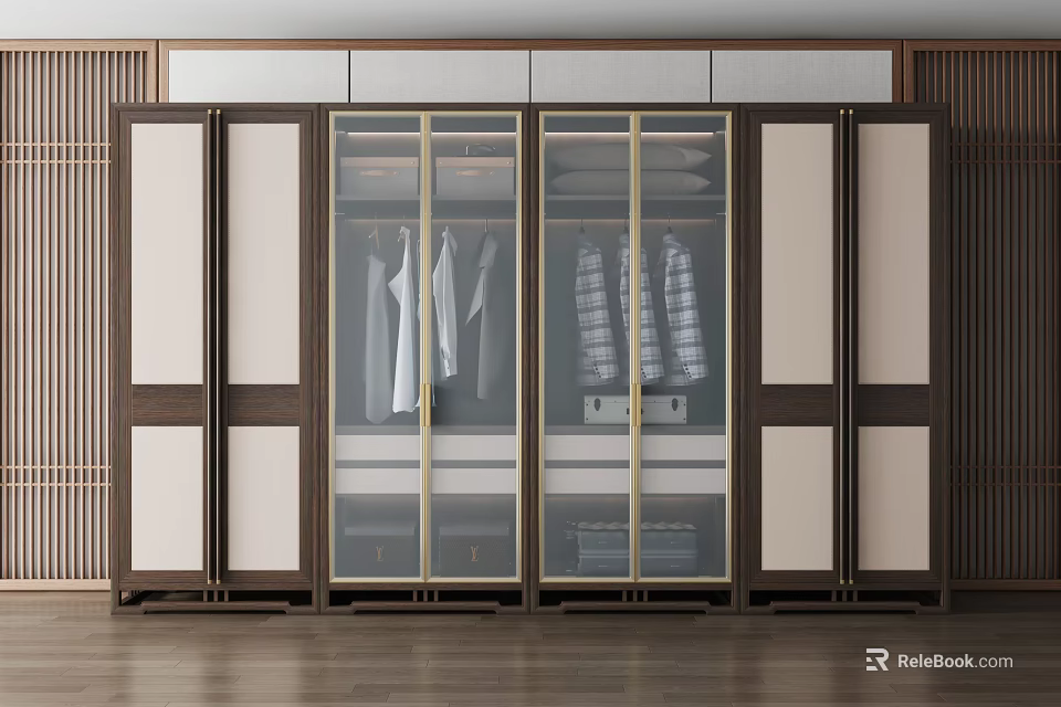 Elegant Modern Wooden Wardrobe With Glass Doors And Hanging Clothes Inside 3d model 