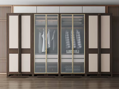 Elegant Modern Wooden Wardrobe With Glass Doors And Hanging Clothes Inside 3d model