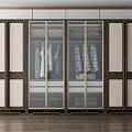 Elegant Modern Wooden Wardrobe With Glass Doors And Hanging Clothes Inside