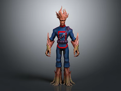 Game Movie Character With Fiery Hair Blue Costume Red Accents And Tree Like Appendages 3d model