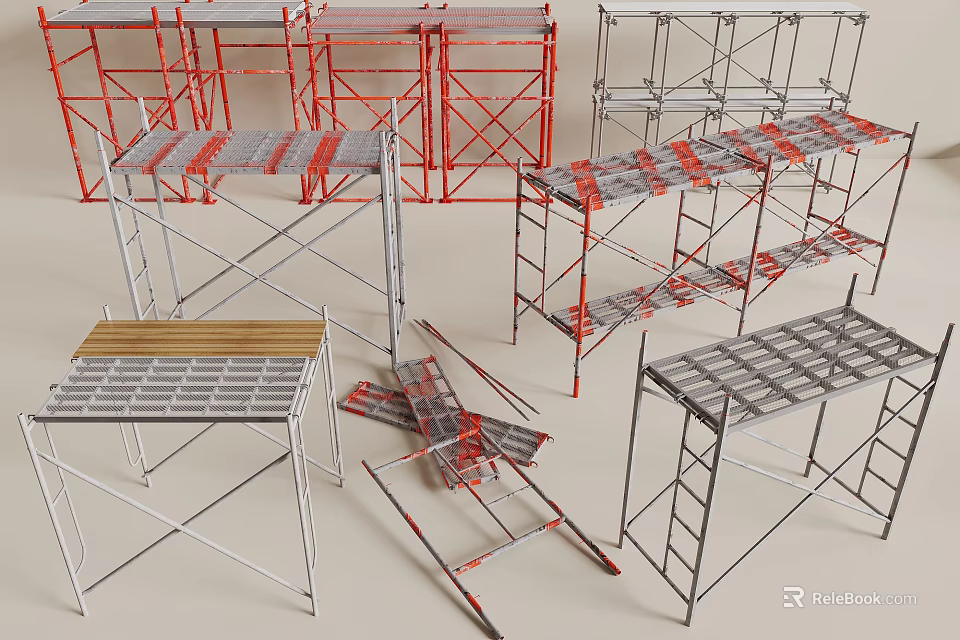 Various Scaffolding Structures With Metal Frames Platforms And Cross Braces 3d model 