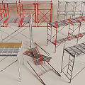 Various Scaffolding Structures With Metal Frames Platforms And Cross Braces