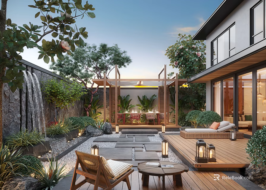 Modern Garden Design With Waterfall Wooden Pergola Stone Pathway Outdoor Lanterns And Lush Greenery 3d model 