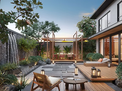 Modern Garden Design With Waterfall Wooden Pergola Stone Pathway Outdoor Lanterns And Lush Greenery 3d model