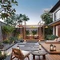 Modern Garden Design With Waterfall Wooden Pergola Stone Pathway Outdoor Lanterns And Lush Greenery