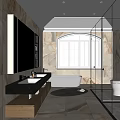 Elegant Modern Bathroom Interior Featuring Marble Walls Double Sink Bathtub Glass Shower And Large Windows