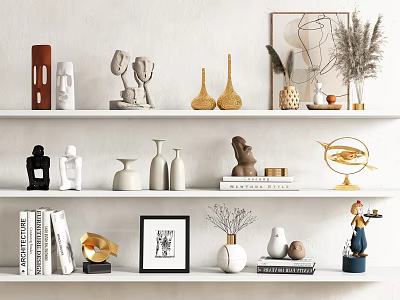 Modern Decorative Ornament Set with Sculptures Vases Pampas Grass Framed Art and Books on Shelf 3d model