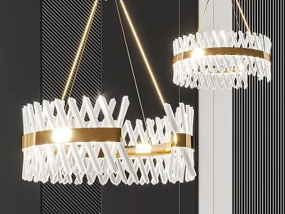 Modern White And Gold Chandeliers With Geometric Ring Design On Dark Striped Wall 3d model
