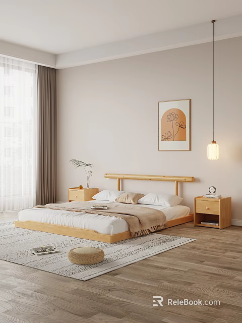 Cozy Double Bed with Wooden Headboard White Sheets Nightstand Wall Art Hanging Lamp and Curtains 3d model 