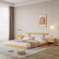 Cozy Double Bed with Wooden Headboard White Sheets Nightstand Wall Art Hanging Lamp and Curtains