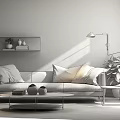 Light Brown Sectional Sofa With Colorful Cushions Wooden Textured Wall White Shelf And Green Plant