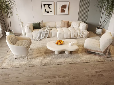 Modern Cream Sofa and Coffee Table Set with Fruit Bowl Side Chairs and Wall Art 3d model